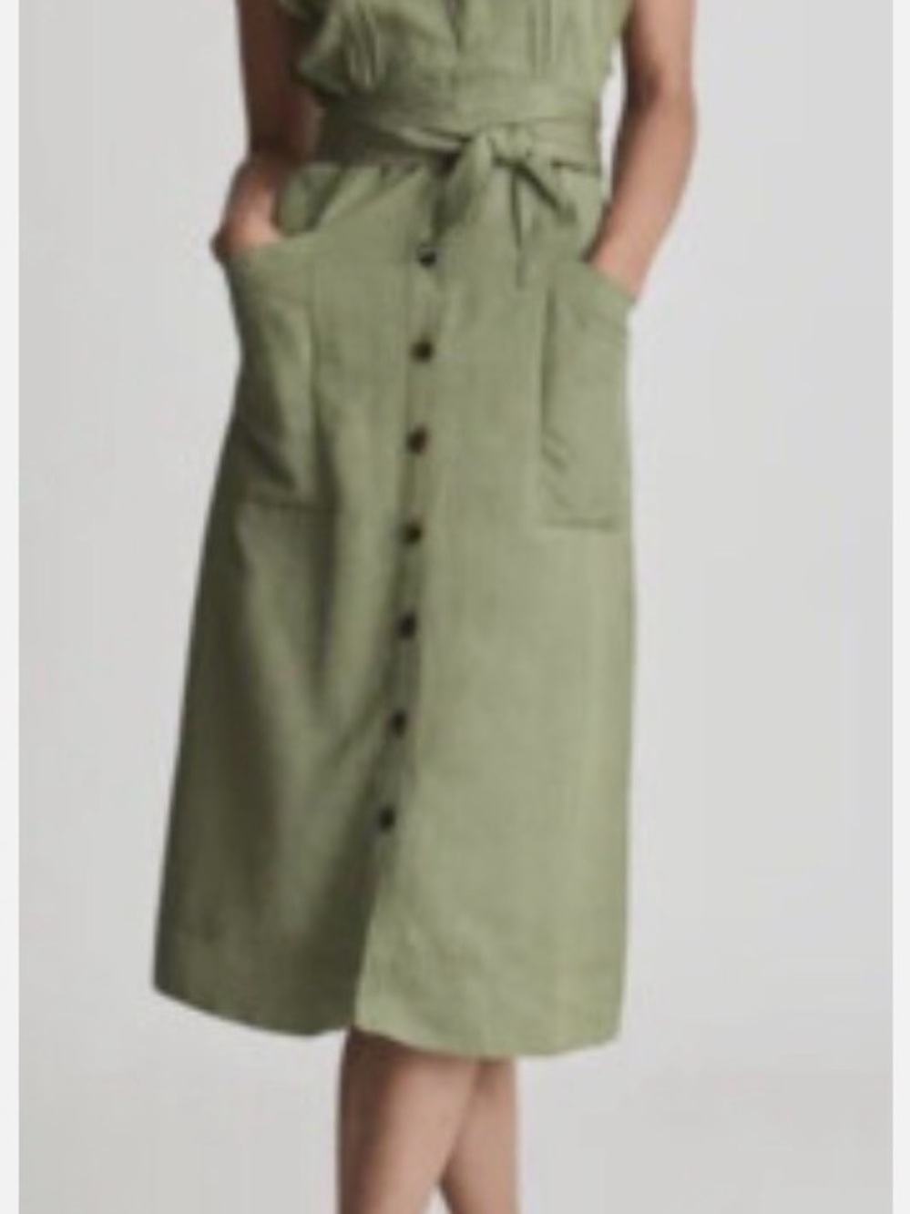 Reiss Olive Green Button-Front Midi Dress - No Belt